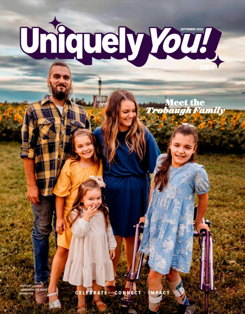Uniquely You Indy magazine for caregivers cover with family of five standing in a field